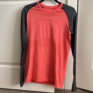 Lululemon light weight, long sleeve, exercise, shirt, orange, and charcoal, gray